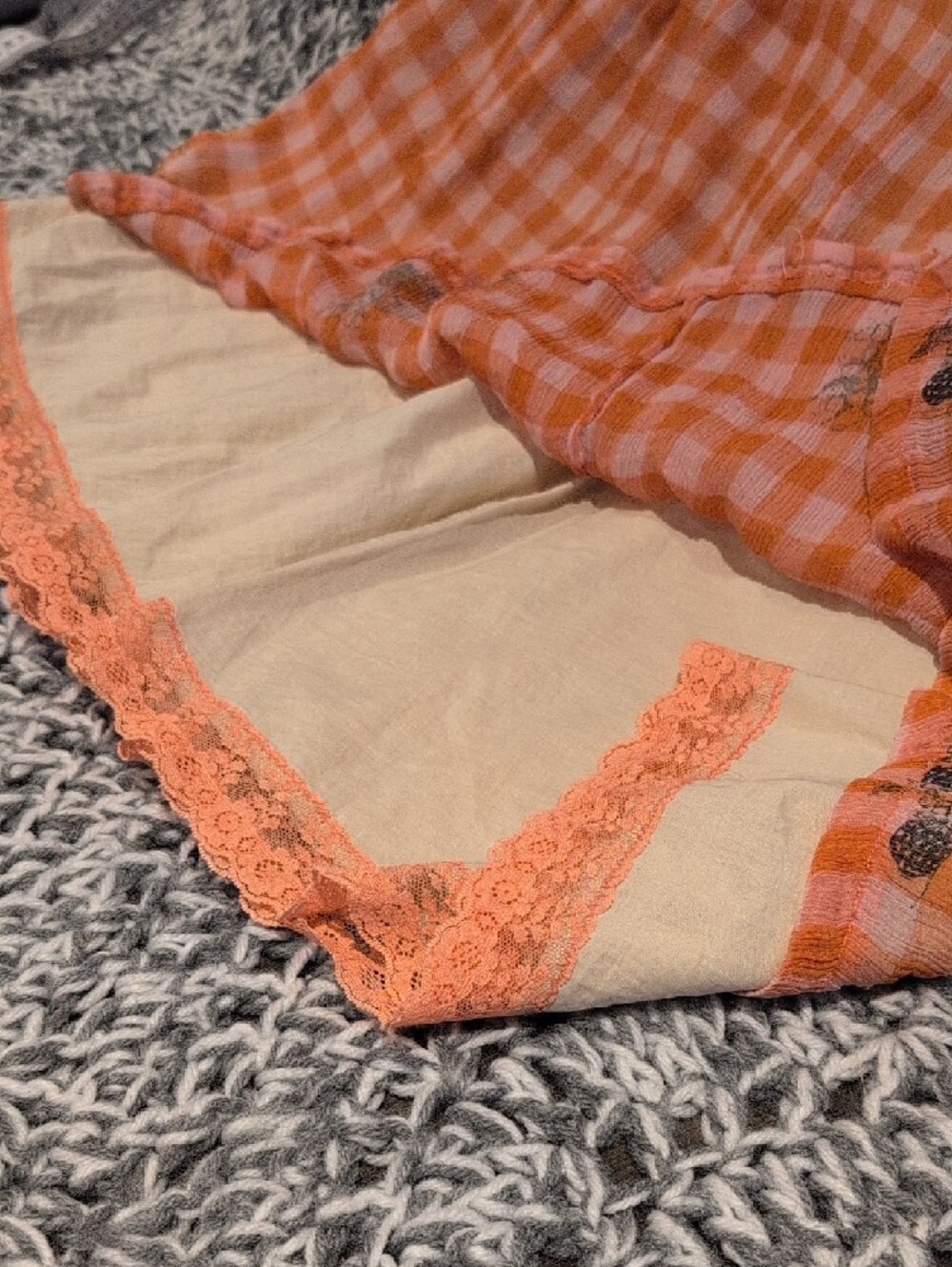 429 - Orange Gingham Mini Skirt • Y2K Cottagecore • Ruffle Hem Lace Trim • Retro - Picture 4 of 11